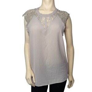 Luna Rae Womens Lace Shoulder Caged Neck Blouse Taupe Sleeveless Top Large